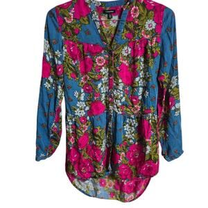 J. Peterman Size 4 Blue Pink Floral Tunic Top